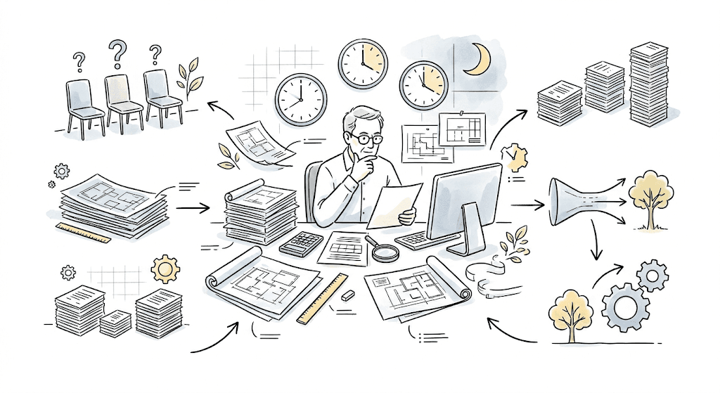 図面や書類の山、時間のプレッシャーに追われる積算の現場から、デジタルツールと仕組みにより整理された成果へつながる様子のイラスト